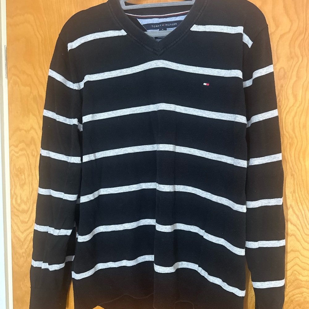 Tommy Hilfiger Black and Gray V-Neck Sweater